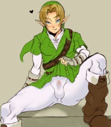 1boy :q bad_id bad_pixiv_id belt bishounen blonde_hair blue_eyes blush boots brown_belt brown_boots bulge commentary_request dannrei3636 earrings erection erection_under_clothes gloves green_tunic hat heart jewelry leg_lift licking_lips link looking_at_viewer male_focus naughty_face ocarina_of_time pants pointy_ears precum precum_through_clothes presenting shoulder_belt sitting small_penis smile sole_male solo solo_focus solo_male spread_legs the_legend_of_zelda thick_eyebrows tongue tongue_out tunic tunic_lift white_pants