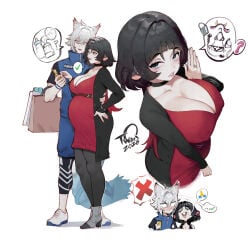 1boy 1girl 1girls animal_ears big_belly black_hair breasts cleavage dress female female_pervert fully_clothed funny green_eyes highres humanoid jane_doe_(zenless_zone_zero) large_breasts long_hair male maternity_clothes maternity_dress mouse_ears mouse_girl mouse_tail multicolored_hair pervert pregnant red_dress red_hair seth_lowell tail thiccwithaq white_background wholesome zenless_zone_zero