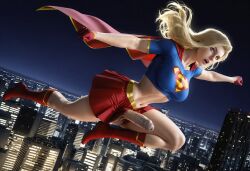 3d ai_generated big_penis blonde_hair blue_eyes boots cape city cityscape comfyui crop_top dc dc_comics flying foreskin futanari gloves intersex justice_league kara_danvers kara_zor-el long_hair medium_breasts midair navel one_leg_up open_mouth skirt solo stable_diffusion supergirl supergirl_(series) superheroine superman_(series) surprised