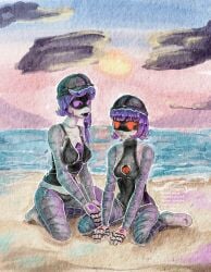 2girls aarushiiroosh beach beach_background black_bikini female female_only glitch_productions milf murder_drones nori_(murder_drones) purple_eyes purple_hair red_eyes worker_drone yeva_(murder_drones)