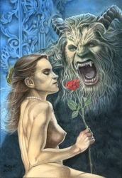 1girls 2017 beast_(disney) beauty_and_the_beast_(1991_film) beauty_and_the_beast_(2017) belle_(beauty_and_the_beast) breasts brown_hair disney disney_princess emma_watson female female_focus nipples nude traditional_media_(artwork) yuranart