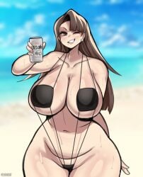 mia_fey ocerius gyakuten_saiban 1girls asahi_breweries female solo solo_female bikini seaside beach sling_bikini mole mole_under_mouth long_hair brown_hair holding_object can drink alcohol hand_up sweat black_bikini one_eye_closed brown_eyes earrings