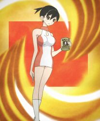 unknown_editor anime_screenshot stitched highres third-party_edit ookusa_manami sayonara_zetsubou_sensei solo 1girls standing big_breasts breasts female_focus bare_shoulders legs 2010s 2015 short_hair black_hair ponytail short_ponytail brown_eyes