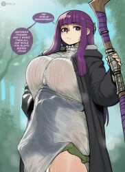 1boy 1girls ai_generated big_breasts cum cum_in_pussy cum_inside fern_(sousou_no_frieren) goblin green_skin hidden_sex hiding jazzifu light-skinned_female looking_at_viewer monster monster_fucker outline outside public_sex purple_hair self_upload silhouette sousou_no_frieren text text_bubble under_clothes vaginal