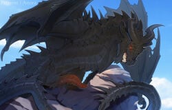 2026 alduin animal_genitalia anora_drakon bared_teeth bethesda_game_studios black_body black_claws black_scales black_wings blue_sky claws day digital_drawing_(artwork) digital_media_(artwork) dragon erection european_mythology facial_spikes feral genitals grin hi_res horn long_tail male microsoft monotone_body monotone_scales mythological_creature mythological_scalie mythology notched_wings patreon penis presenting presenting_penis raised_wings red_eyes red_penis ridged_penis rock scales scalie sky skyrim smile solo spikes spikes_(anatomy) tail tapering_penis teeth the_elder_scrolls western_dragon wings wyvern