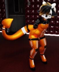 absurd_res ankle_cuffs anthro barcode belt binder_(restraint) bound bovid caprine caprine_demon chastity_cage chastity_device clothing collar cuff_(restraint) demon goat goat_demon hi_res hooves intersex latex latex_clothing latex_skinsuit lock male maleherm mammal orange_latex prison_uniform prisoner restraints skinsuit solo spade_tail tail tight_clothing