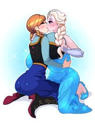 2girls anna_(frozen) ass_in_dress big_breasts blush breast_grab deztyle disney elsa_(frozen) female_only frozen_(film) half-closed_eyes huge_breasts incest kissing multiple_girls siblings simple_background sister sisters wide_hips yuri