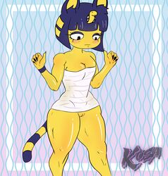 1girls animal_crossing ankha anthro ass bandages breasts cat_ears cat_girl cat_tail cleavage felid feline felis female fur furry furry_only huge_ass kosa muscular muscular_legs nintendo pussy tail text thick_thighs thigh_gap watermark wide_hips yellow_fur yellow_skin