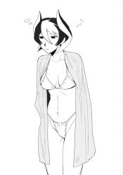 female female_only solo made_in_abyss ozen short_hair bikini cleavage small_breasts expressionless cloak two-tone_hair hunched_over monochrome hair_between_eyes swimsuit mlkkochng123715