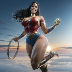 3d ai_generated armlet armor bare_shoulders black_hair bracers cleavage comfyui dc dc_comics female flying gorget high_heels justice_league kryptonite lasso_of_truth long_hair midair one_leg_up sky smile smug solo stable_diffusion sunrise tiara wonder_woman
