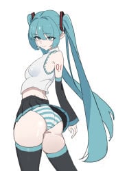 1girl aqua_eyes aqua_hair ass ass_focus black_thighhighs breasts closed_mouth detached_sleeves female from_behind fyyers hatsune_miku large_ass long_hair looking_at_viewer looking_back panties pleated_skirt simple_background skirt small_breasts smile solo striped striped_panties tattoo thighhighs twintails underwear upskirt very_long_hair vocaloid white_background
