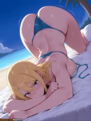 1girl 1girls ai_assisted ai_generated all_fours anime anime_girl anime_style artist_name ass bangs beach bikini blonde-haired_female blonde_hair blue_bikini blue_sky blush breast_press breasts brown_eyes closed_mouth curvy day fairy_tail full_body hi_res highres huge_ass large_breasts long_hair looking_at_viewer lucy_heartfilia ocean outdoors patreon patreon_username rinkoai sand shiny_skin sideboob sky smile solo sweat swimsuit thighs thong thong_bikini top-down_bottom-up tree uncensored untied watermark web_address wide_hips