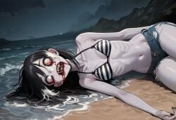 1girls ai_generated beach bikini black_hair bleeding blood breasts clothed clothes clothing daisy_dukes dead_eyes denim denim_shorts female grey_skin horror horror_(theme) long_hair monster_girl ocean original original_character paigen ribs saliva sand sharp_nails sharp_teeth skinny small_breasts striped_bikini swimsuit two-tone_hair undead water white_eyes white_hair zoey_(paigen) zombie zombie_girl