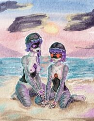 2girls aarushiiroosh beach beach_background breasts female female_only glitch_productions murder_drones nori_(murder_drones) purple_eyes purple_hair purple_nipples purple_pussy red_eyes red_nipples small_breasts tounge_out worker_drone yeva_(murder_drones)
