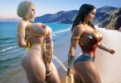 3d ai_generated armlet armor bare_shoulders beach big_balls big_breasts big_penis black_hair blonde_hair bondage bound_hands bracers cleavage comfyui completely_nude completely_nude_futanari dc dc_comics erection female futa_with_female futanari gorget hands_behind_back high_heels holding_lasso intersex justice_league lasso_of_truth long_hair naked ocean penis_bondage power_girl shibari shibari_bondage short_hair side_view smile stable_diffusion sunrise tiara walking wonder_woman