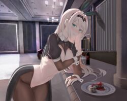 an-94_(girls'_frontline) animal_ears blonde_hair blue_eyes breasts bunny_ears cake cropped food fringe girls'_frontline long_hair no_bra nopan pussy reverse_bunnysuit ru_zhai uncensored white_hair