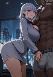 duxvector ai_generated rpk-16_(girls'_frontline) rpk-16_(renate)_(girls'_frontline) girls'_frontline office_lady interracial 1girl clothing female male 1boy breasts skirt dark-skinned_male short_hair bulge hetero dark_skin muscular jacket purple_eyes smile thighs bandaged_neck underwear muscle shirt muscular_male large_breasts office suit abs grey_hair collared_shirt indoors male_underwear formal looking_at_viewer white_skirt bandages pencil_skirt long_sleeves window blush sweat white_jacket manly erection grey_suit breast_press night assertive_female cleavage artist_name purple_shirt pectorals business_suit miniskirt topless_male huge_breasts official_alternate_costume skirt_suit building white_suit cityscape leaning_forward monitor patreon_username