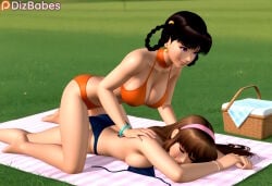 2girls ai_generated all_fours asian asian_female bangs bent_over bikini black_hair blue_bikini bracelet breasts brown_hair cleavage closed_eyes dead_or_alive dead_or_alive_xtreme dead_or_alive_xtreme_beach_volleyball dizbabes earrings female_only grass hair_rings hairband hitomi_(doa) kneeling koei_tecmo large_breasts lei_fang looking_at_another lying massage on_stomach orange_bikini outdoors picnic picnic_blanket pink_hairband purple_eyes sideboob smile stable_diffusion team_ninja twin_braids untied untied_bikini video_game_character video_games yuri