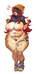 2020 anthro areola beanie belly big_breasts big_nipples black_hair black_nose breasts bypbap canid canine canis clothing curvy_figure digital_media_(artwork) domestic_dog female fur furry furry_only genitals grin hair hair_over_eyes hat headgear headwear hi_res huge_thighs knock-kneed mammal mostly_nude multicolored_hair navel nipples overweight overweight_female panties panties_around_legs panties_down pubes pussy red_hair rowland_(bypbap) shirt simple_background smile solo standing tan_body tan_fur tattoo thick_thighs tongue tongue_out topwear two_tone_hair underwear underwear_down voluptuous wide_hips