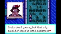 pokemon pokemon_rse pokemon_anthro_emerald wally_(pokemon) anthroemerald dickgirl futanari pixel_art sprite 1boy 1futa fellatio cum cum_in_mouth cum_on_breasts male_on_futa intersex/male brown_hair bandana gloves looking_at_viewer night maledom