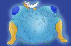 anthro areola belly big_belly big_breasts blue_areola blue_body breasts claws crouching digestion digestion_noises elisa_(omega-macro) feet female female_pred generation_7_pokemon glowing glowing_body glowing_eyes group hi_res huge_belly huge_breasts hyper hyper_belly hyper_breasts legendary_pokemon lunala multiple_prey muscular muscular_female navel neck_bulge nintendo nipples omega-macro onomatopoeia oral_vore pokemon pokemon_(species) simple_background solgaleo sound_effects swallowing tail text toe_claws trio ultra_necrozma vore