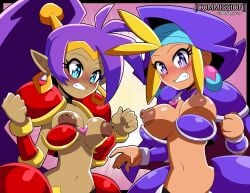 2girls armor big_breasts bikini_armor breasts breasts_out cleavage dark_skin female female_only large_breasts nipples purple_hair shantae shantae_(character) sky_(shantae) smooth_skin unhinged-honey wardrobe_malfunction