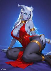 ai_generated artas9972 blue_eyes breasts draenei dress horns jewelry pantyhose pelvic_curtain pointy_ears seductive seductive_pose tail warcraft white_hair world_of_warcraft