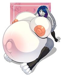 1girls anthro areolae belly big_belly big_breasts blue_hair breasts ear_piercing female female_only floppy_ears furry gloves_(marking) huge_belly huge_breasts hyper_pregnancy large_breasts nipples piercing piercings pregnant rabbit ready_to_pop short_hair simple_background sitting smile socks_(marking) solo vexdemon