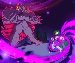 areola big_breasts breasts chest_spike duo ear_piercing eyelashes featureless_feet feet female front_view gardevoir generation_3_pokemon generation_6_pokemon genitals green_hair grey_body hair hi_res huge_breasts humanoid kss_nf larger_female mega_evolution mega_gengar navel nintendo nipple_piercing nipples piercing pink_areola pink_nipples pokemon pokemon_(species) purple_areola purple_nipples red_body red_eyes red_sclera short_hair size_difference smaller_female smile spikes spikes_(anatomy) thick_thighs vulva white_body white_eyes wide_hips