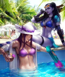 2d ahri ashe_(league_of_legends) ashe_(overwatch) blizzard_entertainment caitlyn_kiramman cote_d'azur_widowmaker crossover d.va league_of_legends officer_caitlyn overwatch pool pool_party_caitlyn pool_party_series summer sunglasses_on_head swimsuit widowmaker yasuo zarory