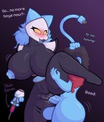 2026 5_fingers anthro areola ballerina_position balls bent_arm bent_leg big_balls big_breasts black_body blue_body blue_hair blush bodily_fluids breasts cape cape_only cel_shading clothed clothing cord_tail darkner deltarune digital_drawing_(artwork) digital_media_(artwork) dominant dominant_female duo empty_eyes english_text erection female fingers floating_hands frackntoaster genital_fluids genitals grey_hair hair hand_on_head hi_res hidden_face holding_leg holding_object holding_syringe holding_thigh huge_breasts human human_ears kris_dreemurr larger_female machine male male/female mammal mostly_nude mostly_nude_human mostly_nude_male motion_lines navel nipples nude nude_anthro nude_female open_mouth partially_clothed penetration penis pointy_ears prick_ears robot sex shaded shaft_divide short_hair side_view simple_background size_difference standing standing_sex tasque_manager text thick_thighs three-quarter_view undertale_(series) vaginal vaginal_fluids vaginal_penetration vein veiny_penis vulva yellow_sclera
