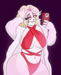 artist_request hazbin_hotel charlie_morningstar_(hazbin_hotel) busty busty_female pale_skin pale-skinned_female blonde_female thick_thighs big_breasts big_ass biting_lip selfie selfie_pose phone phone_view