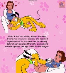 accessory anatomically_correct anatomically_correct_genitalia anatomically_correct_penis beauty_and_the_beast_(1991_film) belle_(beauty_and_the_beast) bestiality blue_clothing bow_ribbon canid canine canis clothed clothing collar comic cunnilingus disney disney_princess domestic_dog duo english_text erection everfire female female_human feral footprint genitals hair_accessory hair_bow hair_ribbon heart_symbol hearts_around_head hi_res human human_on_feral interspecies legwear licking male male/female mammal narration oral partially_clothed partially_clothed_female partially_clothed_human pawprint pawprint_pattern penis pink_background pluto_(disney) ribbons sex simple_background stockings tail text thin_tail tongue tongue_out vaginal vulva watermark yellow_body