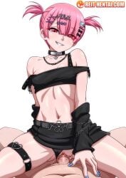 reit ram_(re:zero) re:zero_kara_hajimeru_isekai_seikatsu 1girl 1boy faceless_male pov girl_on_top girly dark smirk looking_at_viewer one_eye_covered pink_hair short_hair ponytail red_eyes clothed_sex panties_aside vaginal_penetration vaginal_sex vaginal wet wet_pussy white_background watermark tagme hair_over_one_eye hair_ornament chains