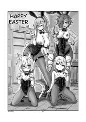 kaschmatz original 4girls small_breasts breasts medium_breasts huge_breasts kneeling bunny_ears animal_ears cat_ears pale_skin tanline tanlines monochrome cat_tail condom classroom asymmetrical_bangs one_eye_covered high_heels breasts_out glasses abs short_hair long_hair thumbs_up one_eye_closed sweat hair_ornament playboy_bunny bowtie tagme original_character