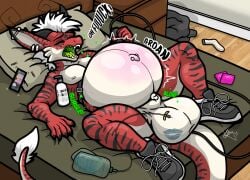 5_fingers air_inflation animal_genitalia anthro ball_inflation balls bed bedroom belly belly_blush belly_inflation belt big_balls big_belly black_clothing black_ear_tips black_footwear black_shoes black_sneakers black_stripes blush body_blush bulb_pump cellphone clothing dathgar dathy_(dathgar) dipstick_ears ear_markings ear_piercing ear_ring electronics eyes_closed fingers footwear fur furniture genitals green_mouth green_tongue groaning_belly hair hi_res humanoid_hands industrial_piercing inflation kiss_mark_on_balls kobold lying lying_on_bed male multicolored_ears navel navel_barbell navel_piercing on_back on_bed open_mouth outie_navel phone piercing profanity red_body red_fur ring_piercing saline_inflation scalie sheath shoes smartphone solo spread_legs spreading striped_body striped_fur stripes tail tongue tongue_piercing tongue_stud white_body white_fur white_hair