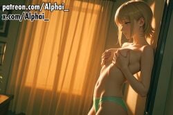 1girl 2025 2026 absurd_res absurdres ai ai-created ai_art ai_assisted ai_generated alphai ass blonde_hair blushing chainsaw_man cinematic_lighting colorful_background covered_nipples curtains depth_of_field detailed_background detailed_hair detailed_skin dramatic_shadows from_side grabbing_own_breast green_panties high_quality high_resolution highres indoors looking_away midriff naughty_face navel night_time panties particles patreon patreon_link patreon_url patreon_username raised_eyebrows red_eyes sawatari_akane semirealistic short_hair side_angle side_profile skindentation small_breasts solo spy_angle squeezing_breasts standing topless underwear underwear_only volumetric_lighting