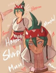 admiring_penis azazelinp blowjob blue_eyes blushing brown_body clothed cute donut food_play fox_ears green_hair huge_cock kiriko_(overwatch) oral overwatch ponytail saliva_on_penis sloppy_blowjob spitting_in_mouth veiny_penis wet_penis