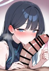 1boy 1girl black_hair blush condom ear_blush erection fellatio halo hetero holding holding_condom huge_penis kissing_penis long_hair looking_at_viewer oral penis shiroron_mochi solo_focus sweat used_condom veins veiny_penis white_halo meta absurdres bar_censor censored commentary_request highres ai_generated