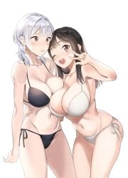 2girls :d ;d asymmetrical_docking bikini black_bikini black_hair blush breast_press breasts brown_eyes cleavage closed_mouth collarbone commentary_request cowboy_shot female hand_on_another's_waist large_breasts lips long_hair looking_at_viewer medium_hair missing_commentary multiple_girls navel one_eye_closed open_mouth original side-tie_bikini_bottom simple_background smile sweat swimsuit teeth upper_teeth_only w watermark white_background white_hair