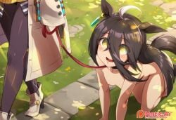 2girls agnes_tachyon_(umamusume) ai_generated animal_ears black_hair blush brown_hair choker detailed_background horse_ears horse_girl humiliation hypnosis hypnotized kitty_play labcoat long_hair manhattan_cafe_(umamusume) mind_control naticai nipples nude open_mouth petplay public_nudity short_hair slave small_breasts umamusume umamusume_pretty_derby yellow_eyes