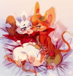4_nipples 4_toes absurd_res barefoot bedroom bedroom_eyes blue_eyes blush blush_lines bodily_fluids bottomless bottomless_female brown_body brown_fur brown_hair claws clitoral_hood clothed clothed_feral clothing digitigrade don_bluth duo feet female female/female feral feral_on_feral fur genital_fluids genitals hair hi_res looking_at_viewer mammal mina_(mina_the_hollower) mina_the_hollower mouse mrs._brisby multi_nipple murid murine narrowed_eyes nipples notched_ear paws rodent seductive semi-anthro soles spread_toes spread_vulva spreading tail the_secret_of_nimh toe_claws toes vaginal_fluids vaginal_fluids_on_hand vulva white_body white_fur white_hair yacht_club_games zanthu