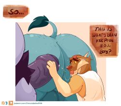 after_anal after_oral after_rimming ambiguous_form ambiguous_species anthro balls bodily_fluids body_hair brown_balls brown_body brown_fur butt_hair canid canine canis chocolateandmilk closed_smile clothed clothing domestic_dog ears_back english_text erection fur genitals gloves_(marking) grey_balls group handjob hi_res humanoid_genitalia humanoid_penis male male/male male_anthro mammal markings mouth_closed nude overweight overweight_male penile penis pivoted_ears pubes purple_penis purple_pubes rear_view saliva saliva_string sex side_view simple_background size_difference slim_anthro slim_male smile speech_bubble tail tail_tuft tan_body tan_fur text tongue tongue_out topwear trio tuft vein veiny_penis white_clothing white_topwear