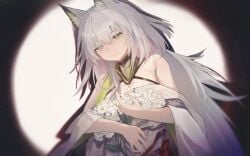 1girl :| animal_ear_fluff animal_ears aoinu_(aoinu_99) arknights bare_shoulders bouquet breasts cat_ears cat_girl cleavage closed_mouth commentary_request dot_nose dress expressionless flower green_eyes grey_hair highres holding holding_bouquet kal'tsit_(arknights) kal'tsit_esperanta_(arknights) long_hair looking_at_viewer medium_breasts off-shoulder_dress off_shoulder solo spotlight white_dress white_flower