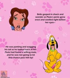 accessory anatomically_correct anatomically_correct_genitalia beauty_and_the_beast_(1991_film) belle_(beauty_and_the_beast) bodily_fluids bow_ribbon canid canine canis collar comic disney disney_princess domestic_dog dripping duo english_text erection everfire female female_human feral footprint genital_fluids genitals hair_accessory hair_bow hair_ribbon hi_res human male male/female mammal narration pawprint pawprint_pattern pink_background pluto_(disney) precum precum_drip ribbons saliva saliva_on_tongue simple_background tail text thin_tail tongue tongue_out watermark yellow_body