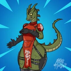 ablazemosquit0 covering_breasts fortnite fortnite:_battle_royale hybrid_(fortnite) ninja pussy reptile reptile_humanoid scales scalie scalie_female scalie_humanoid sharp_teeth shocked_expression spikes synthesis_(fortnite) tail thick_thighs yellow_eyes