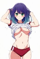 ai_assisted ai_generated bare_arms bare_belly bare_legs bare_thighs belly_button big_breasts blue_hair blush breasts buruma cleavage closed_mouth green_eyes gym_uniform hip_bones jei_games kurokawa_akane medium_hair navel no_bra oshi_no_ko red_buruma shirt shirt_lift smile standing sweat sweaty_body thighs underboob