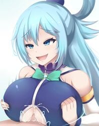 1boy 1girls alternate_breast_size aqua_(konosuba) bangs big_breasts blue_eyes blue_hair breast_hold breast_squeeze breasts clothed_female_nude_male clothed_paizuri cum cum_between_breasts cum_on_breasts cum_through_clothes ejaculation_between_breasts energy_drain goddess huge_breasts kono_subarashii_sekai_ni_shukufuku_wo! large_breasts long_hair paizuri paizuri_under_clothes renetan straight