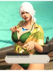 3d after_oral big_breasts body_markings breasts cev_(xiv) cev_rosa clothed clothing cum cum_on_breasts cum_on_face english english_text female female_only final_fantasy final_fantasy_xiv gpose(ffxiv) green_eyes honeysham hyur looking_at_viewer open_shirt pointing_at_viewer smile smiling_at_viewer swimsuit thick_thighs white_hair wide_hips