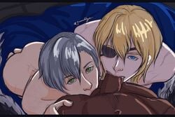 3boys ashe_ubert ass ball_sucking blonde_hair blowjob blowjob_face blue_eyes butt cock_gobble cock_hungry collaborative_fellatio cum_hungry dark-skinned_male dark_skin dedue_molinaro dimitri_alexandre_blaiddyd eye_patch eyepatch fellatio fire_emblem fire_emblem:_three_houses gay giver_pov giving_head going_down_on green_eyes grey_hair interracial kneeling_oral_position knob_polishing looking_at_viewer male male_only moonmikkyuz mouthful multiple_boys oral oral_sex penis penis_in_mouth playing_skinflute post-timeskip scars sucking sucking_off sucking_testicles testicles threesome yaoi